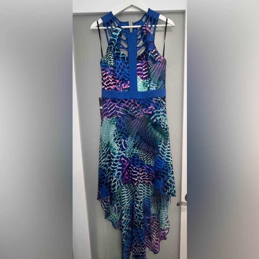 Bebe Blue and Purple Asymmetrical Halter Sundress